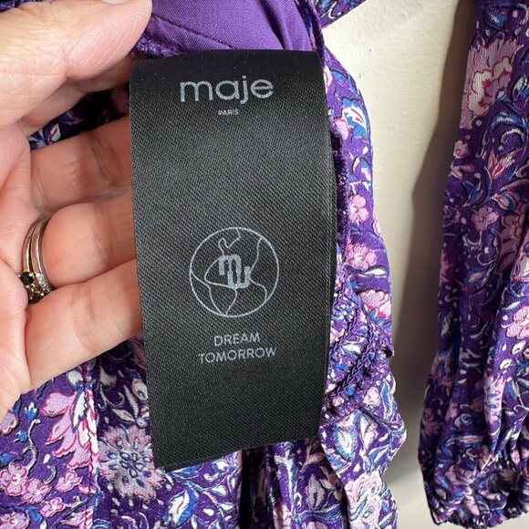 Maje Floral Mini Dress Size 38 UK 10 $445 Purple Georgette Smocked Cut Out Boho - Picture 14 of 16